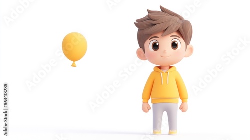 A cheerful cartoon boy in a yellow hoodie stands next to a floating yellow balloon.