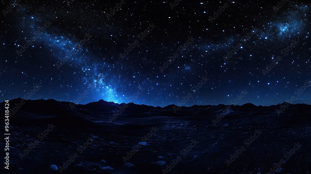 Panorama of a starry night, equidistant projection with stars scattered in the upper left, blue tones creating a serene and tranquil environment Panorama of a starry night, equidistant projection with stars scattered in the upper left, blue tones creating a serene and tranquil environment