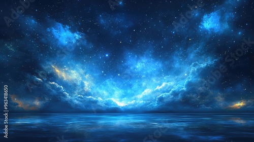 Panorama of a starry night sky, equidistant projection, stars in the upper left, blue tones and soft lighting enhancing the tranquility and beauty