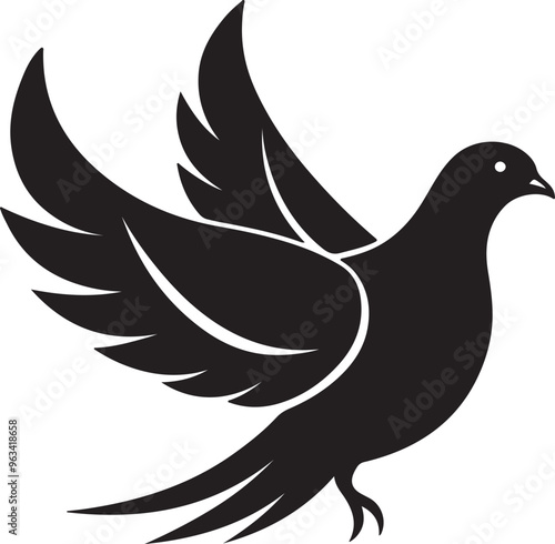 A vector-style silhouette of a dove in black and white, embodying the essence of peace and freedom in a simple form