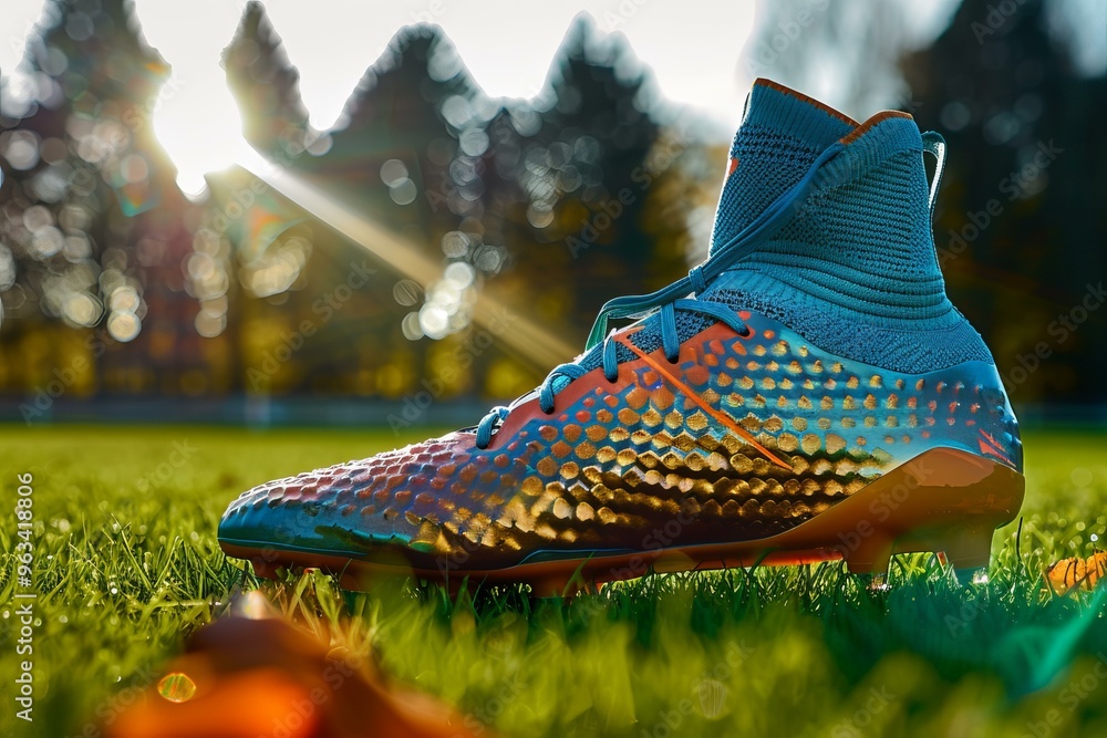 Fototapeta premium Colorful soccer cleat standing upright on a grass field with a blurred background of trees and sunlight