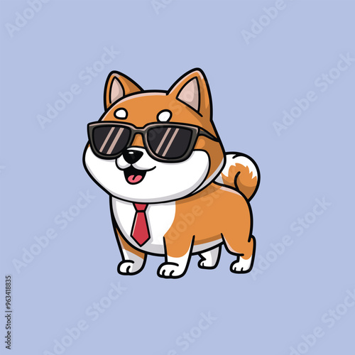 Little cute Shiba Inu wearing sunglasses and a red tie, standing on a light blue background