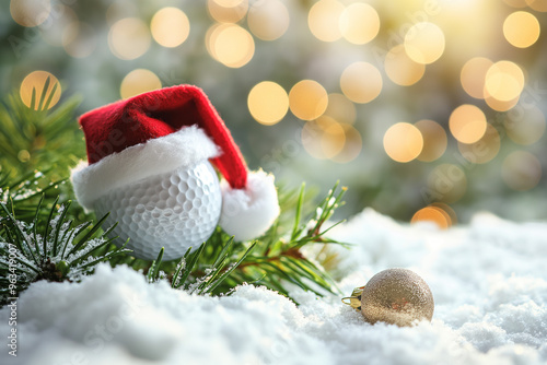 A golf ball wearing a Santa hat nestled among pine branches and snow, capturing the festive spirit with bokeh lights in the background