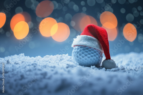 A golf ball wearing a Santa hat sits in the snow, surrounded by festive bokeh lights, symbolizing a blend of Christmas joy and winter sports