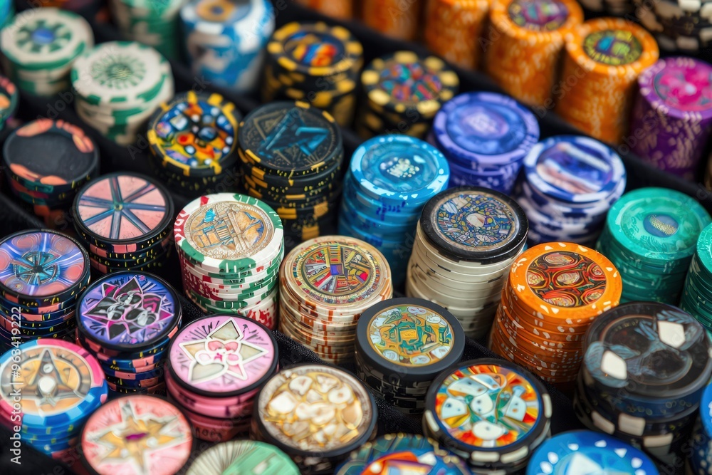 A collection of poker chips, evocative of gambling and casino games, displayed in an array of vibrant colors and intricate designs. A collection of poker chips, evocative of gambling and casino games, displayed in an array of vibrant colors and intricate designs.