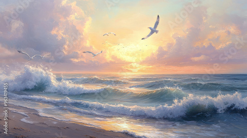 Serene sunset view over ocean waves with seagulls flying in the sky. Perfect tranquil coastal scene for relaxation and mindfulness. photo