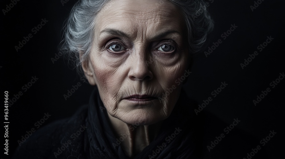 A woman with grey hair and a black scarf is staring at the camera A woman with grey hair and a black scarf is staring at the camera