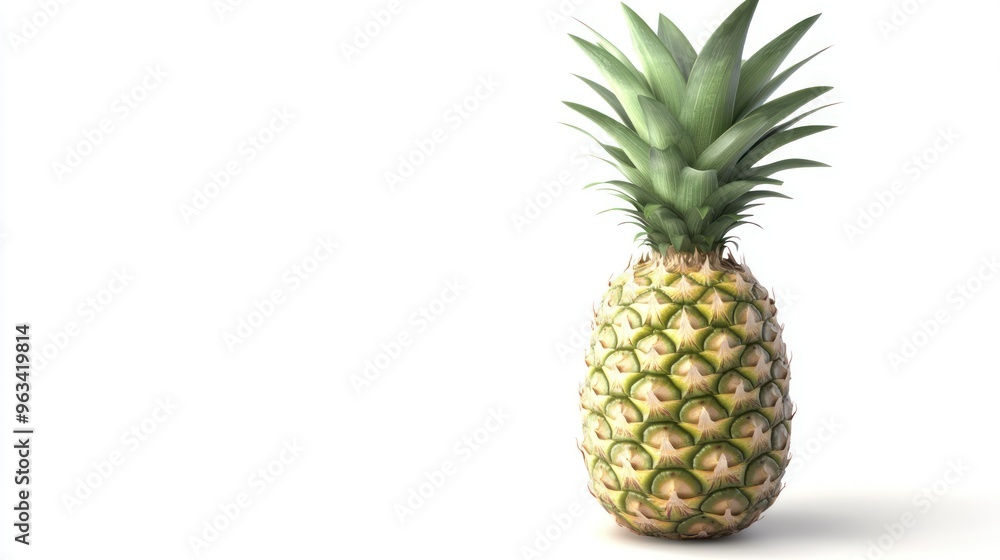 Single Ripe Pineapple with Green Leaves on White Background Single Ripe Pineapple with Green Leaves on White Background