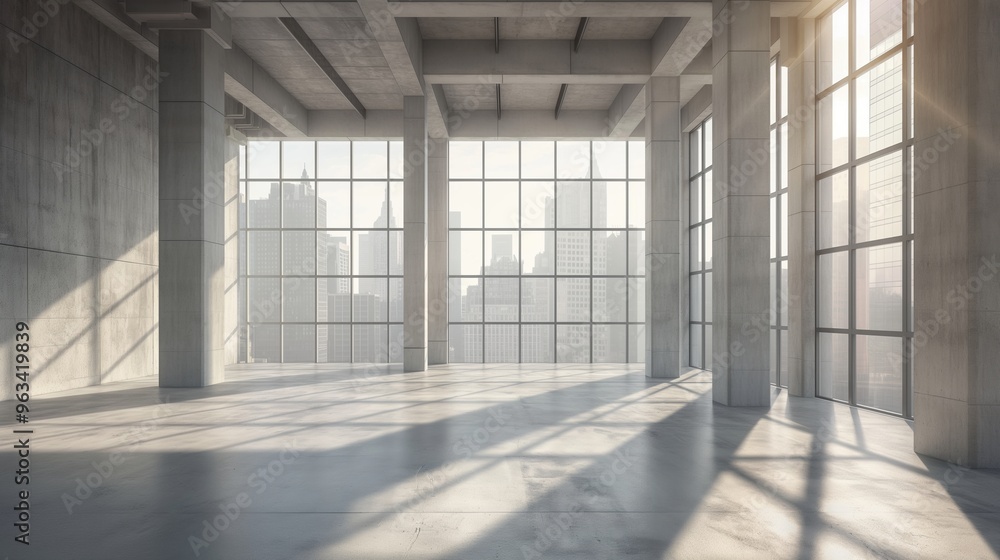 Empty Industrial Loft with Large Windows and City View. Sunlit Modern Interior in Concrete and Glass Structure Empty Industrial Loft with Large Windows and City View. Sunlit Modern Interior in Concrete and Glass Structure