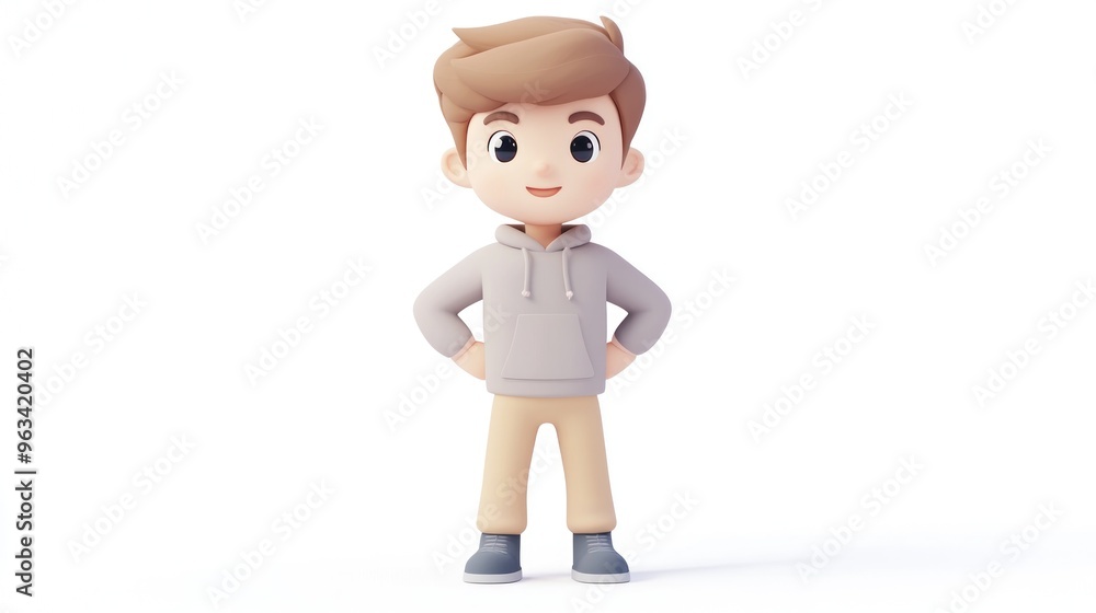A cheerful cartoon boy stands confidently with hands on hips, dressed casually. A cheerful cartoon boy stands confidently with hands on hips, dressed casually.