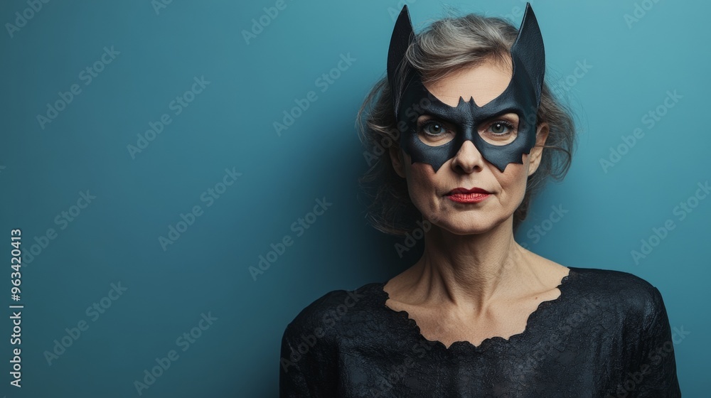 A woman in a black costume with a mask on her face A woman in a black costume with a mask on her face