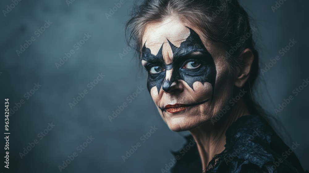 A woman with a bat mask on her face A woman with a bat mask on her face
