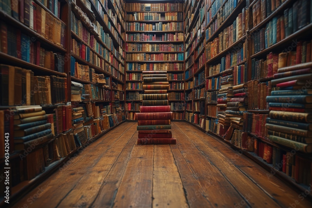 Obraz premium Medieval-Style Library with Multi-level Bookshelves..