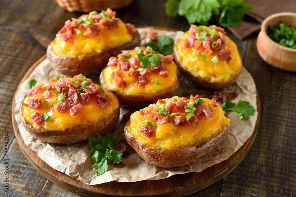 Baked stuffed potatoes with bacon, green onion and cheddar chees Baked stuffed potatoes with bacon, green onion and cheddar chees