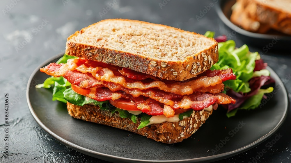 A BLT sandwich with a generous amount of bacon, served on multigrain bread with a side salad, photorealistic, hyper-resolution, balanced and flavorful A BLT sandwich with a generous amount of bacon, served on multigrain bread with a side salad, photorealistic, hyper-resolution, balanced and flavorful
