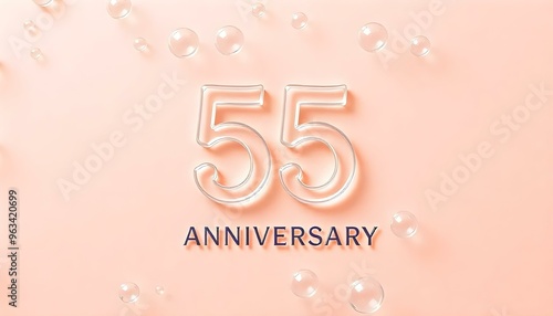 55th Anniversary letter manipulation with transparent soap bubbles floating on a soft background