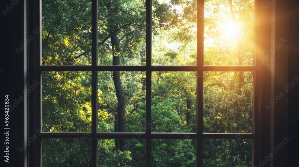 Naklejka premium Outside the window is a forest, a concept of nature