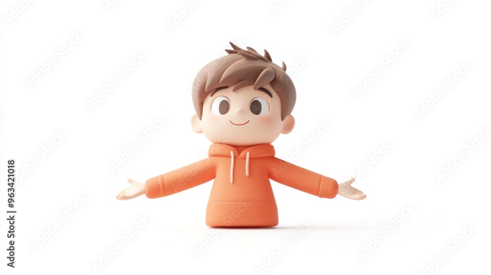 A cheerful cartoon character in an orange hoodie with open arms, suggesting friendliness. A cheerful cartoon character in an orange hoodie with open arms, suggesting friendliness.