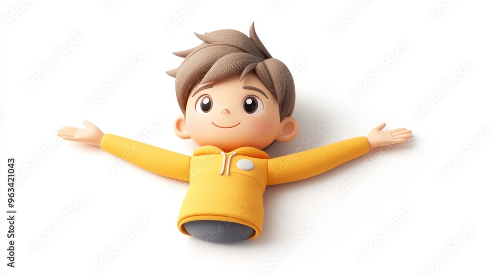 A cheerful cartoon character in a yellow hoodie with arms outstretched, exuding positivity. A cheerful cartoon character in a yellow hoodie with arms outstretched, exuding positivity.