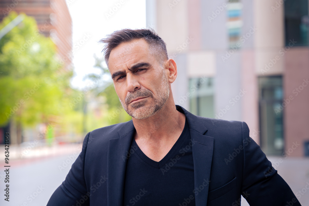 Close-up of a caucasian businessman looking angry at the camera in a suit standing in outdoor workspace. Front view of a young lawyer with thoughtful expression staring Close-up of a caucasian businessman looking angry at the camera in a suit standing in outdoor workspace. Front view of a young lawyer with thoughtful expression staring
