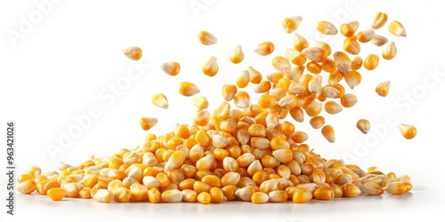 Corn Kernels Flying Over Pile on White, corn, popcorn, food