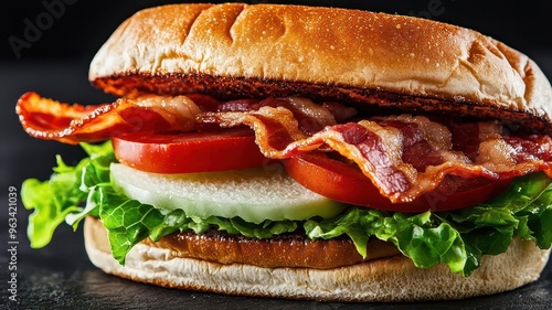 A close-up of a BLT sandwich with crispy bacon, fresh lettuce, and ripe tomatoes layered between toasted bread, photorealistic, hyper-resolution, vibrant and mouthwatering