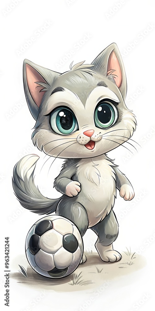 Cute grey tabby kitten with large blue eyes sporting football socks while standing on a soccer field with a ball Cute grey tabby kitten with large blue eyes sporting football socks while standing on a soccer field with a ball