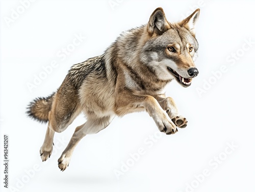 A grey wolf leaps through the air with its mouth open, isolated on a white background. photo