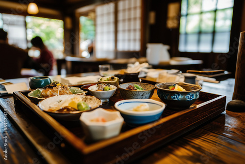 Elegant Japanese meal presented in a traditional setting, featuring various dishes in small bowls on a wooden tray.