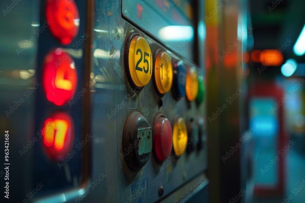 Control panel showing numbers with illuminated red button on left side and blurry background Control panel showing numbers with illuminated red button on left side and blurry background