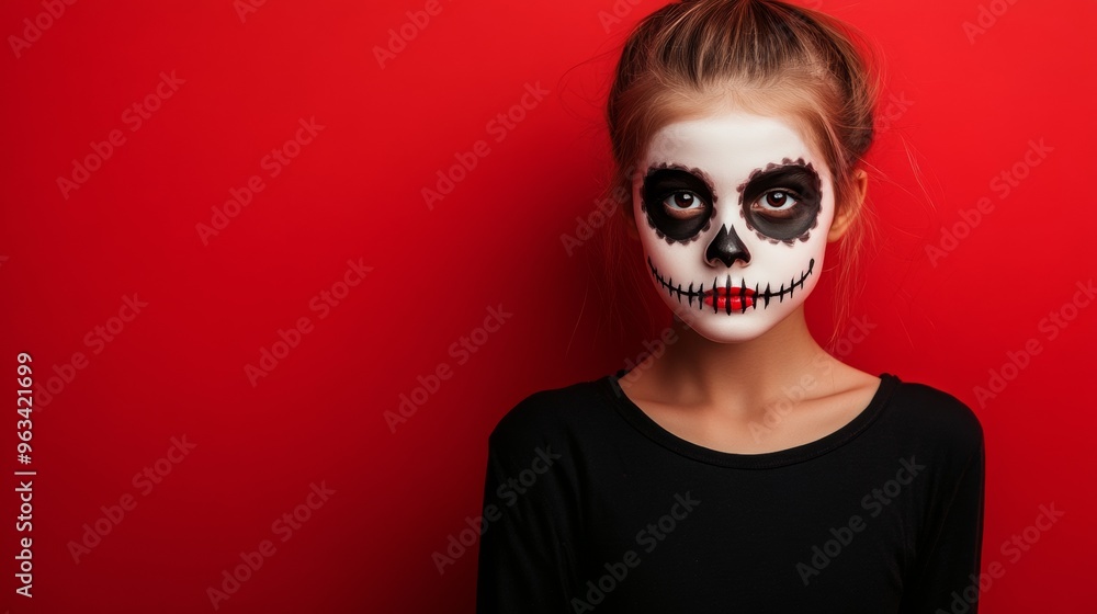 A girl with a skull painted on her face stands in front of a red background A girl with a skull painted on her face stands in front of a red background