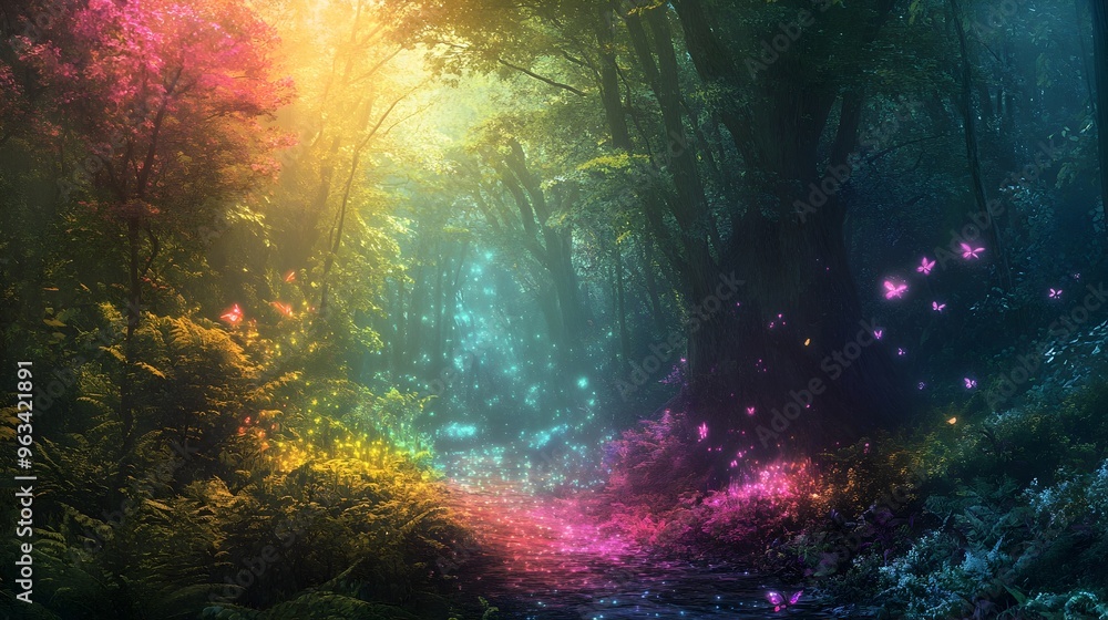Fototapeta premium Luminous Enchanted Forest Radiating Mystical Energy and Chromatic Brilliance