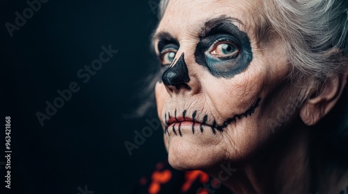 A woman with a painted face that looks like a skeleton