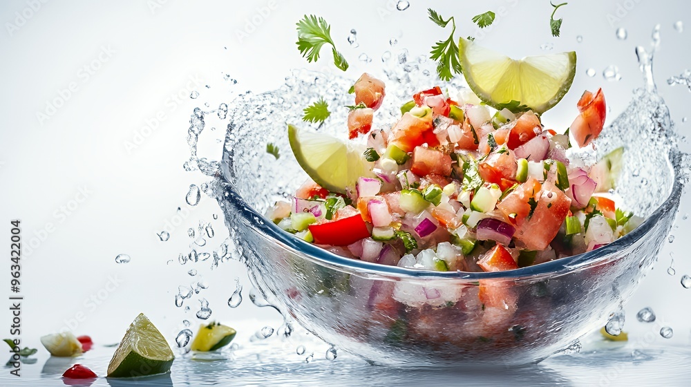Fresh salad with lime and cilantro in a glass bowl with water splash. Fresh salad with lime and cilantro in a glass bowl with water splash.