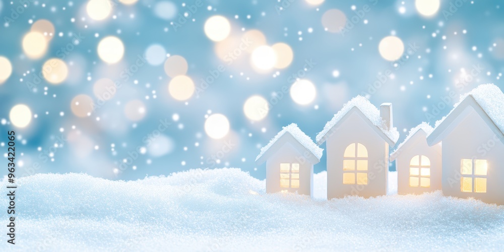 Fototapeta premium Miniature snow-covered houses glowing warmly against a backdrop of festive bokeh lights, evoking a cozy winter village scene.