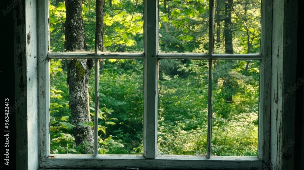 Outside the window is a forest, a concept of nature Outside the window is a forest, a concept of nature