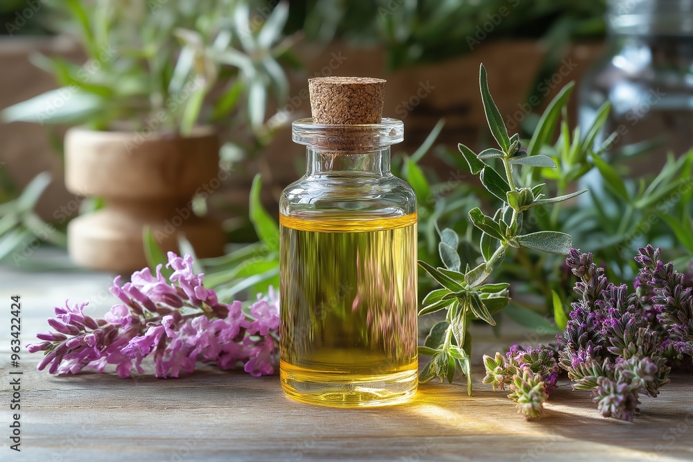 A small bottle of essential oil sits on a wooden table surrounded by fresh herbs. A small bottle of essential oil sits on a wooden table surrounded by fresh herbs.