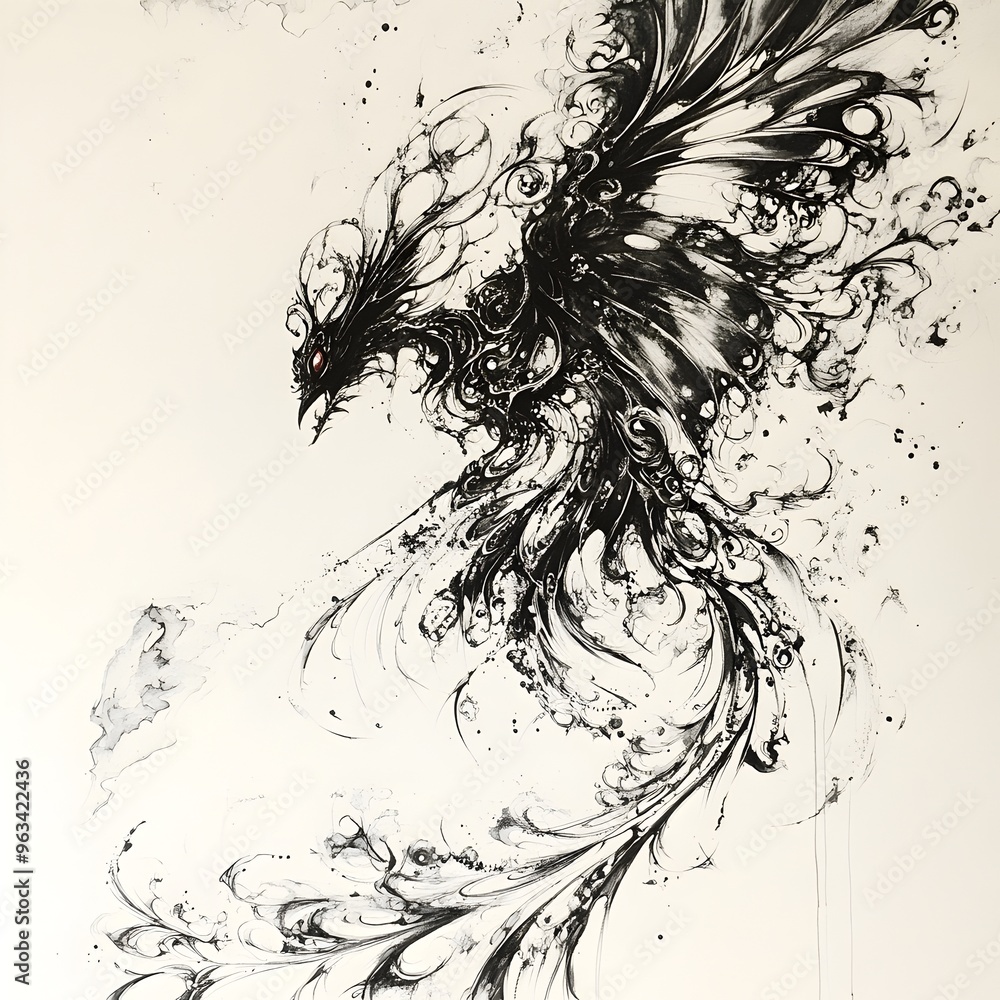 Surreal Ink Sketch of Mythical Winged Creature Set Against Abstract Backdrop Surreal Ink Sketch of Mythical Winged Creature Set Against Abstract Backdrop