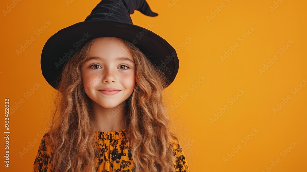 A bright portrait of a young girl wearing a stylish witch hat and smiling cheerfully against a vibrant orange background. A bright portrait of a young girl wearing a stylish witch hat and smiling cheerfully against a vibrant orange background.