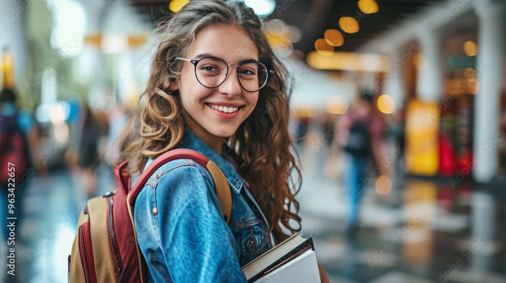 Young female student in library, looking for books, preparing for final exam. Neural network ai generated art Young female student in library, looking for books, preparing for final exam. Neural network ai generated art