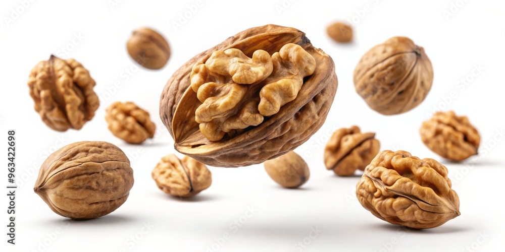 Floating Walnut with Shelled Nut, Food Photography, Nut, White Background, Healthy Eating, Nuts, Food Floating Walnut with Shelled Nut, Food Photography, Nut, White Background, Healthy Eating, Nuts, Food