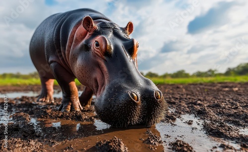 A close-up of a hippopotamus s feet as it walks through the mud, photorealistic, hyper-resolution, detailed and intimate view of endangered wildlife photo