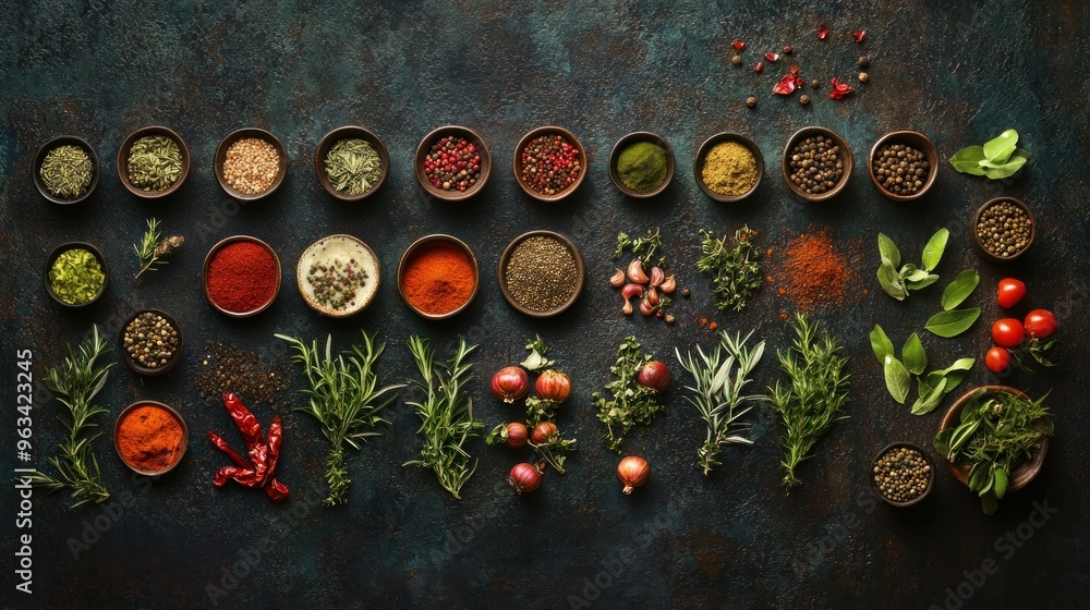 Assortment of Dried Herbs and Spices in Small Bowls Assortment of Dried Herbs and Spices in Small Bowls