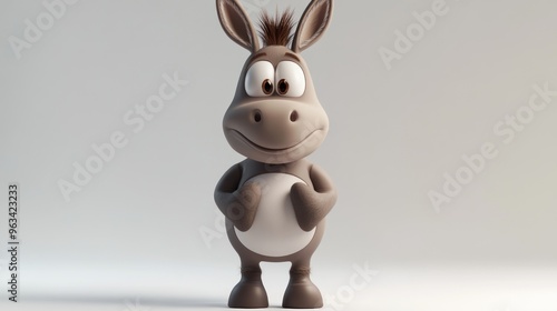 A cheerful cartoon donkey character with big eyes and a friendly smile, standing upright.