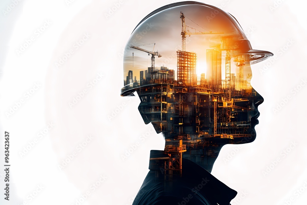 A creative double exposure image showing a construction worker's silhouette with a vibrant urban landscape inside a helmet. A creative double exposure image showing a construction worker's silhouette with a vibrant urban landscape inside a helmet.
