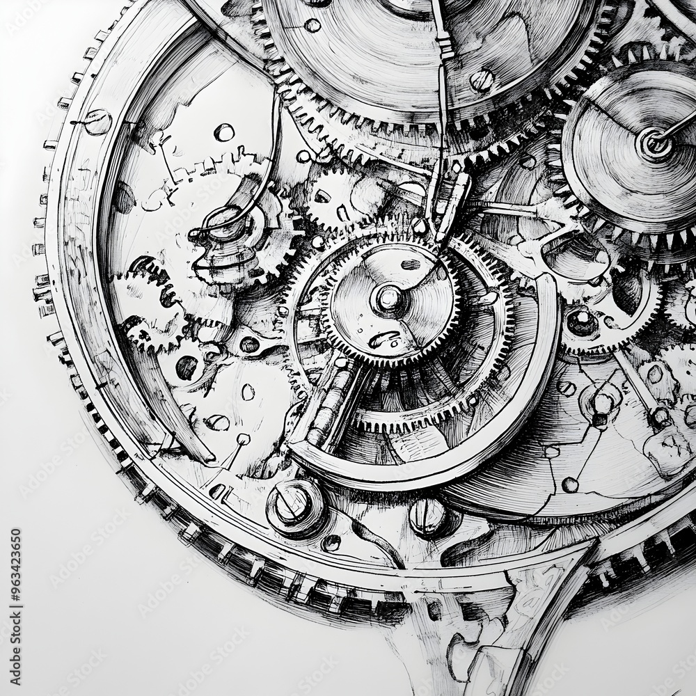 Naklejka premium Intricately Sketched Vintage Clockwork Mechanism with Intertwined Components