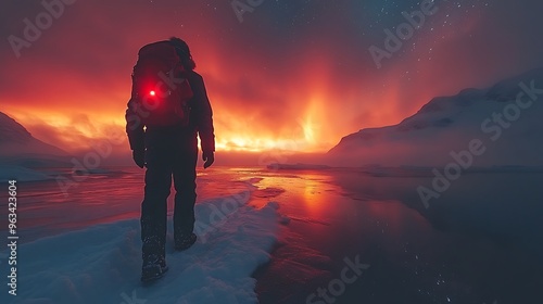 A lone hiker walks towards a stunning display of the aurora borealis reflected in a frozen lake. photo