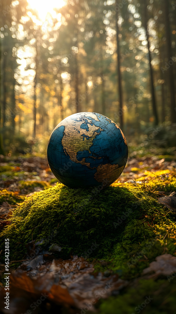 World Globe on Mossy Forest Floor Photo World Globe on Mossy Forest Floor Photo