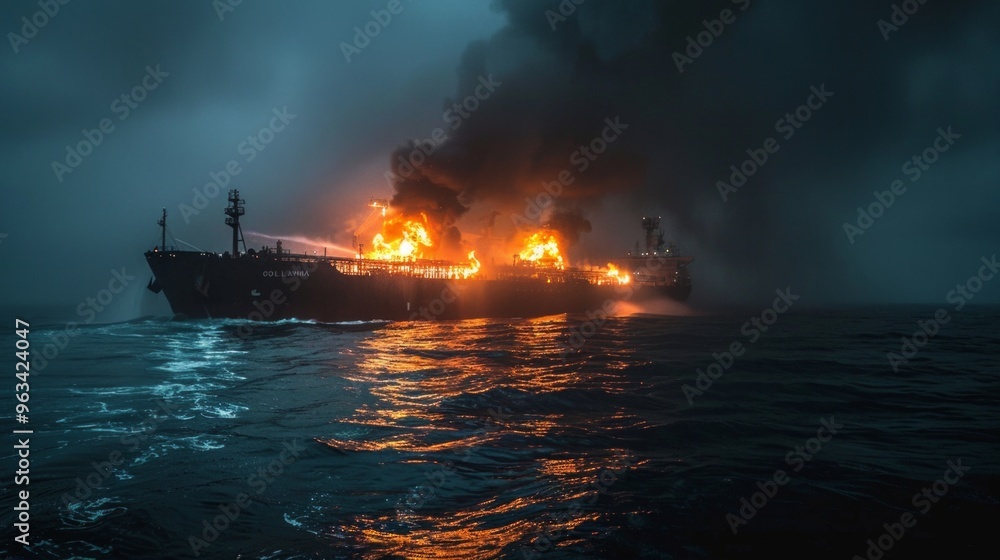 Cargo ship burning on fire with large scale smoke. Aerial Aerial, red Sea, Cargo tanker ship Cargo ship burning on fire with large scale smoke. Aerial Aerial, red Sea, Cargo tanker ship