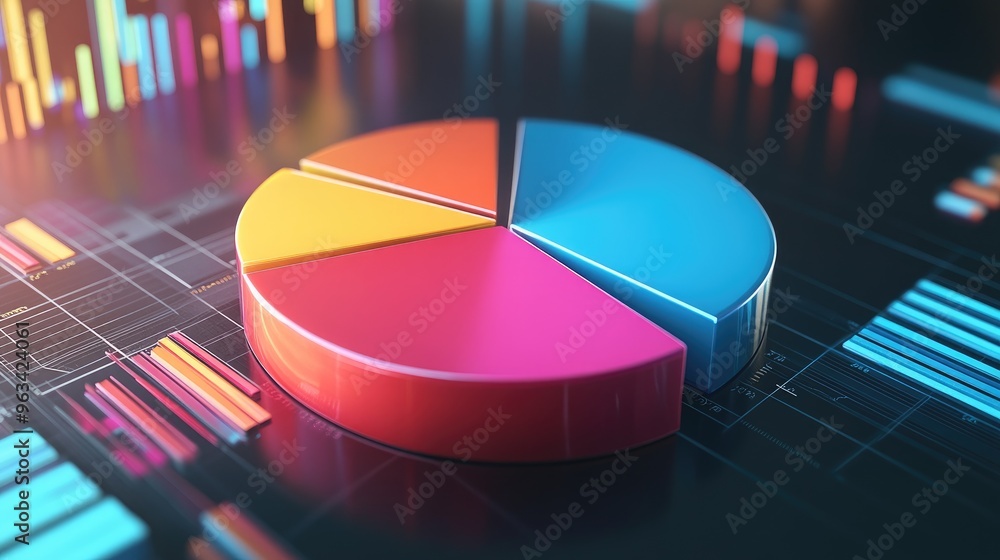 Fototapeta premium 3D pie chart illustrating financial data with colorful segments, set against a sleek, modern background, emphasizing data distribution
